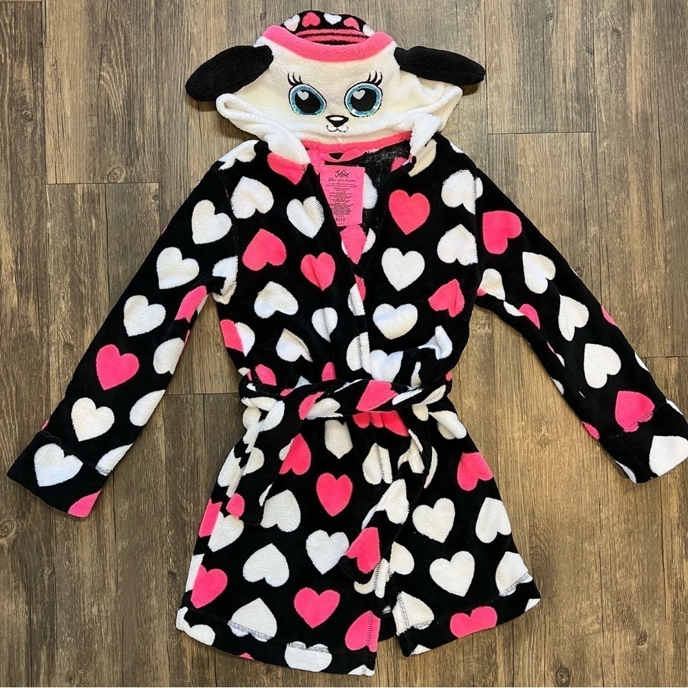 Justice Kids Pink Hearted Fleece Hooded Animal Ears Robe Size 8/10